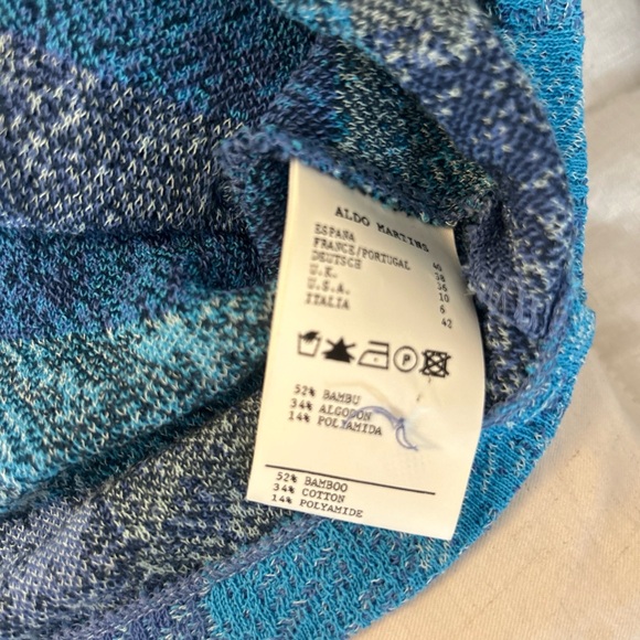Aldo Martins Blue Patchwork Plaid Shirt Knit Cardigan Fringe Pockets Sz 6 Artsy - Picture 7 of 7